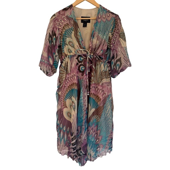 Tricia Fix Dresses & Skirts - Tricia Fix Silk Peacock‎ Print Dress Purple Teal Boho V-Neck Medium Made in USA